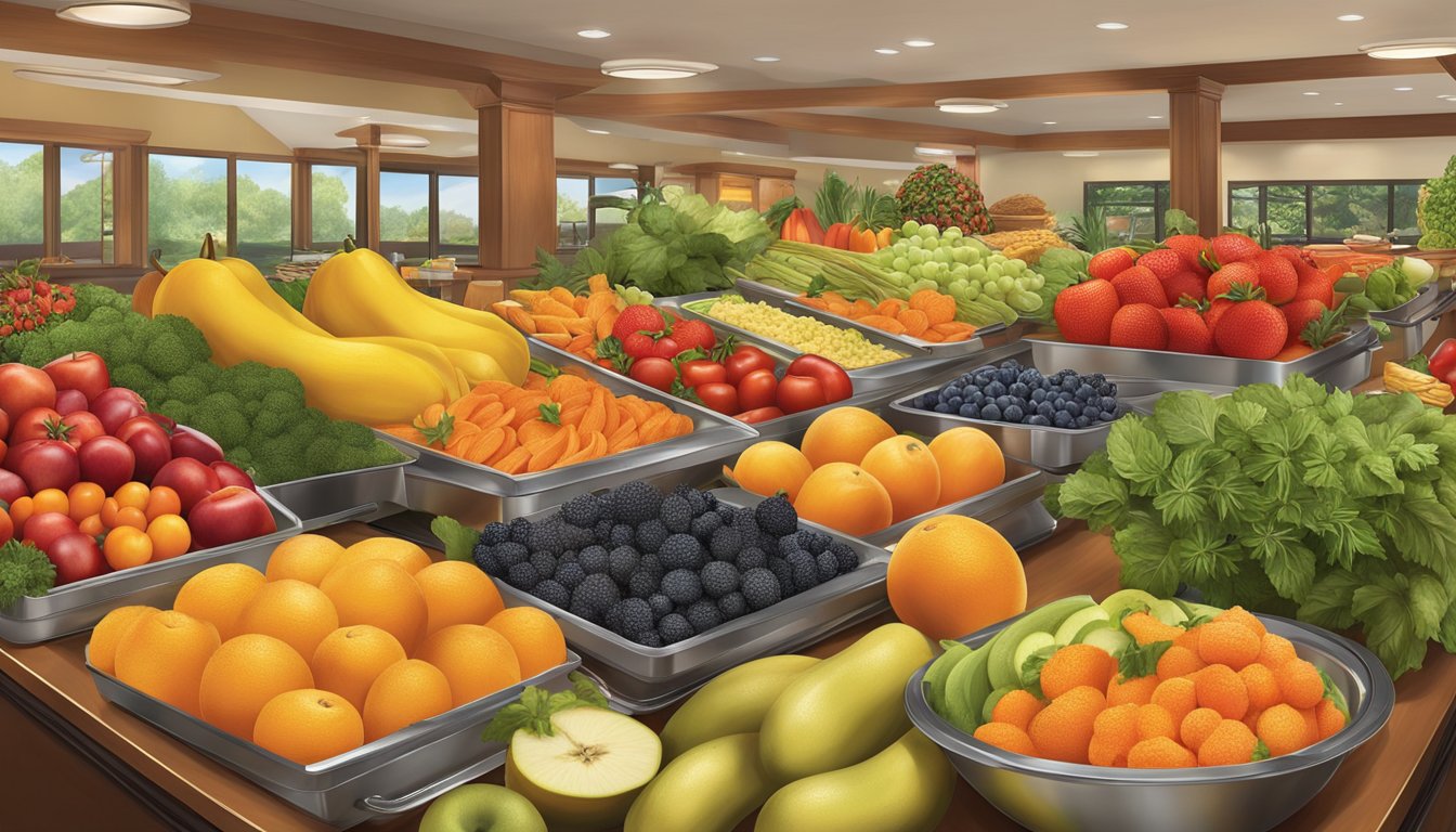 A vibrant display of fresh seasonal fruits, vegetables, and herbs arranged around a central buffet station at Golden Corral, showcasing the role of seasonal ingredients in their breakfast menu