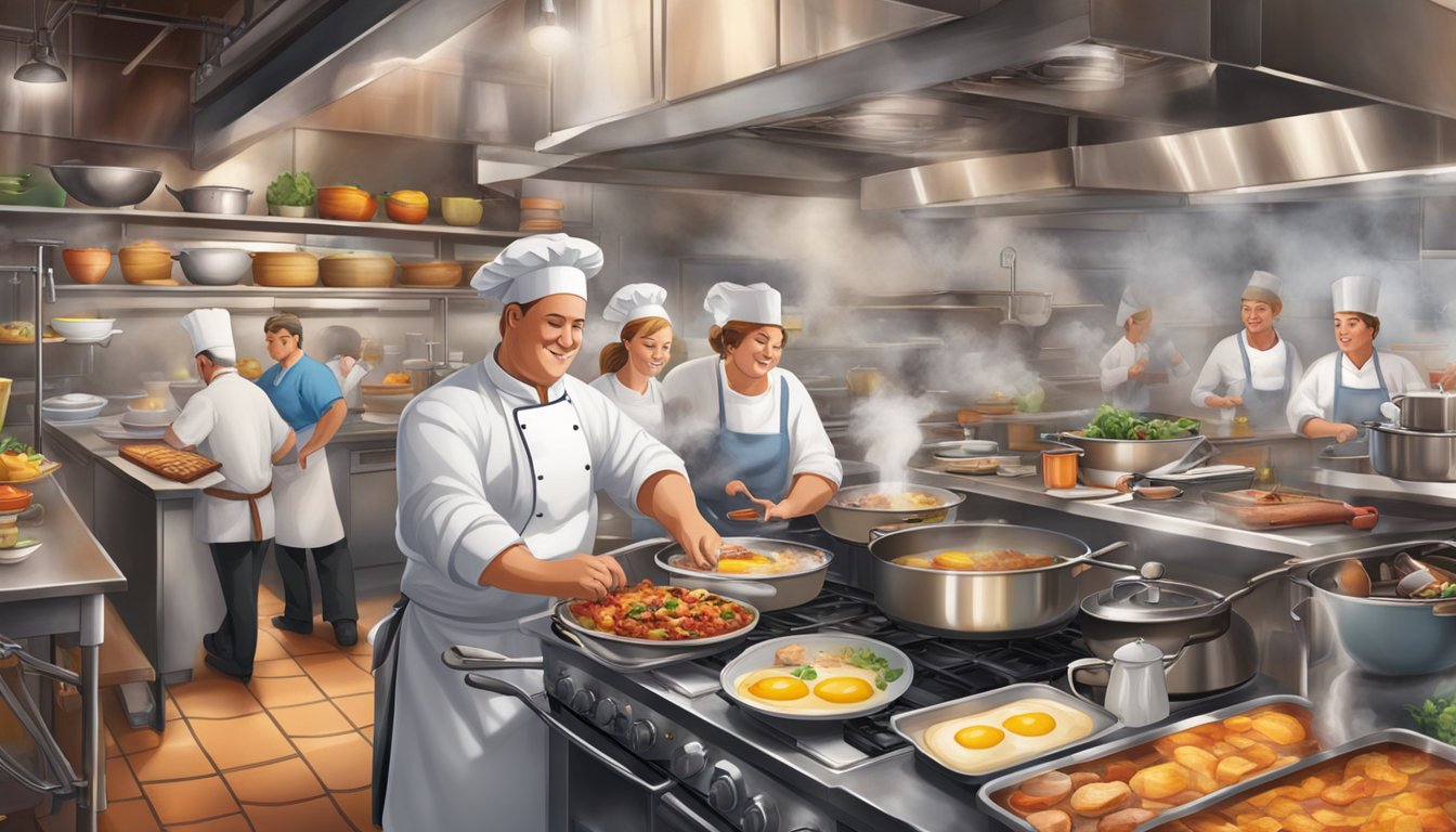 A bustling kitchen with chefs preparing a variety of breakfast dishes using fresh, seasonal ingredients. Steam rises from sizzling pans as the aroma of sizzling bacon and brewing coffee fills the air