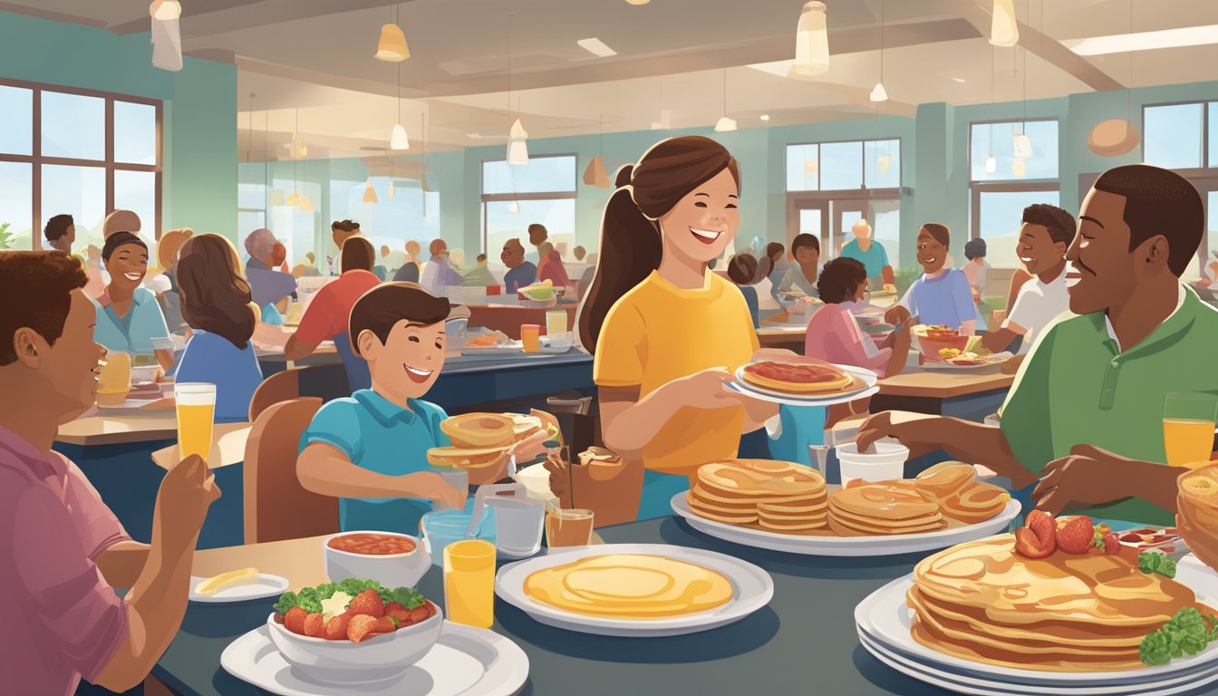 A bustling breakfast buffet at Golden Corral, with families and friends chatting and laughing over plates of pancakes and bacon