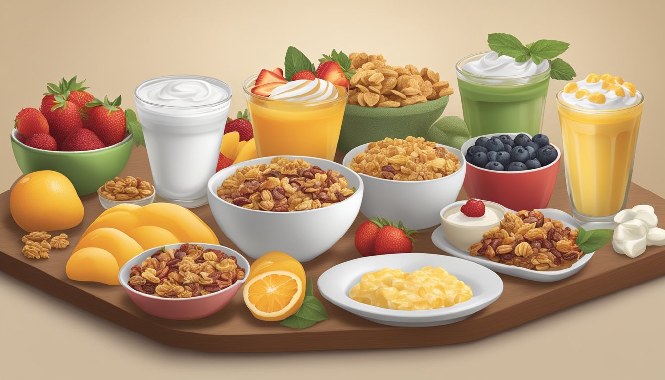 A table displays a variety of cold breakfast options, including fresh fruits, yogurt parfaits, and granola. A sign highlights the use of seasonal ingredients in Golden Corral's breakfast menu