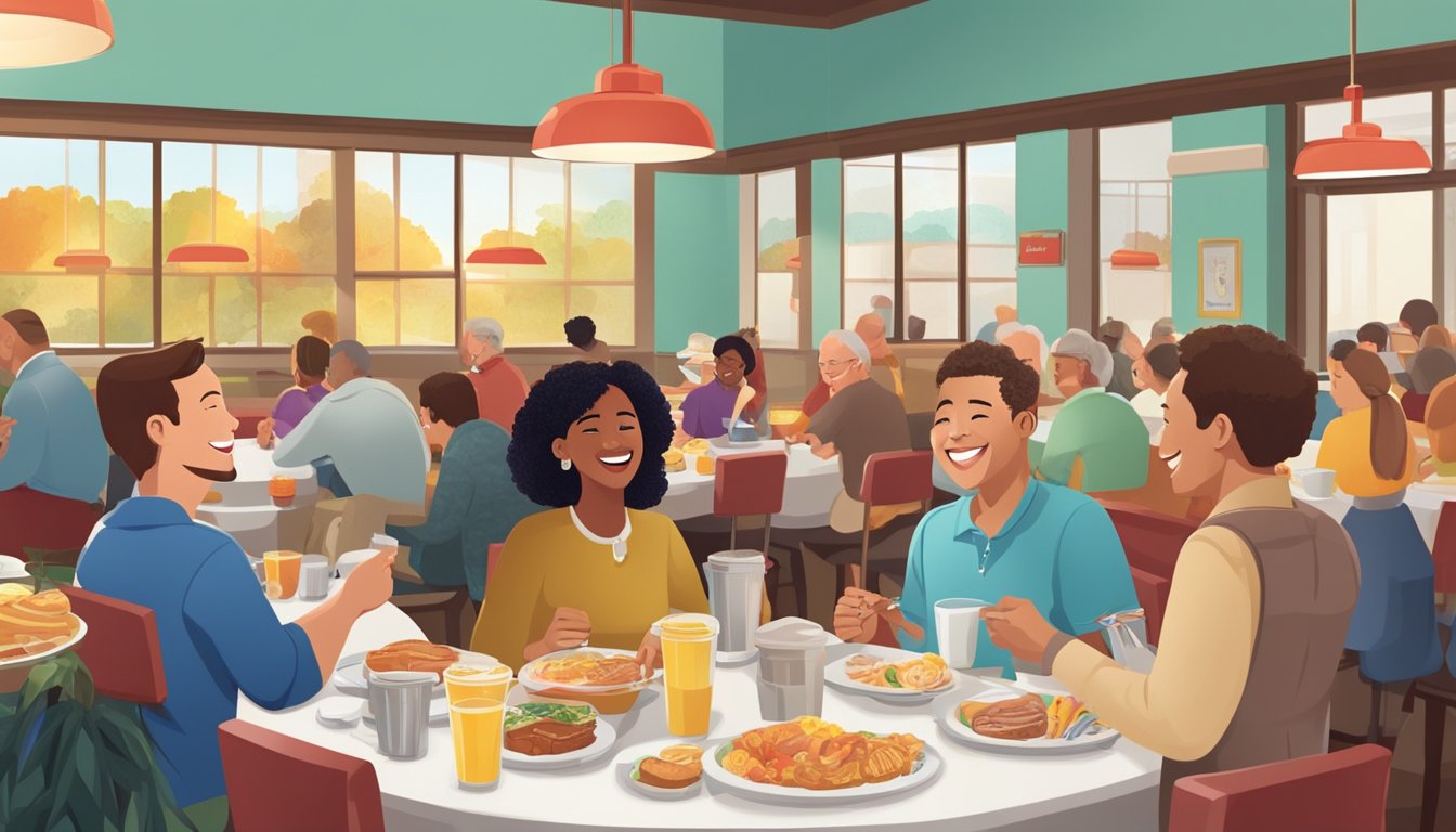 Customers enjoying a lively breakfast at Golden Corral, chatting and laughing while filling their plates at the buffet