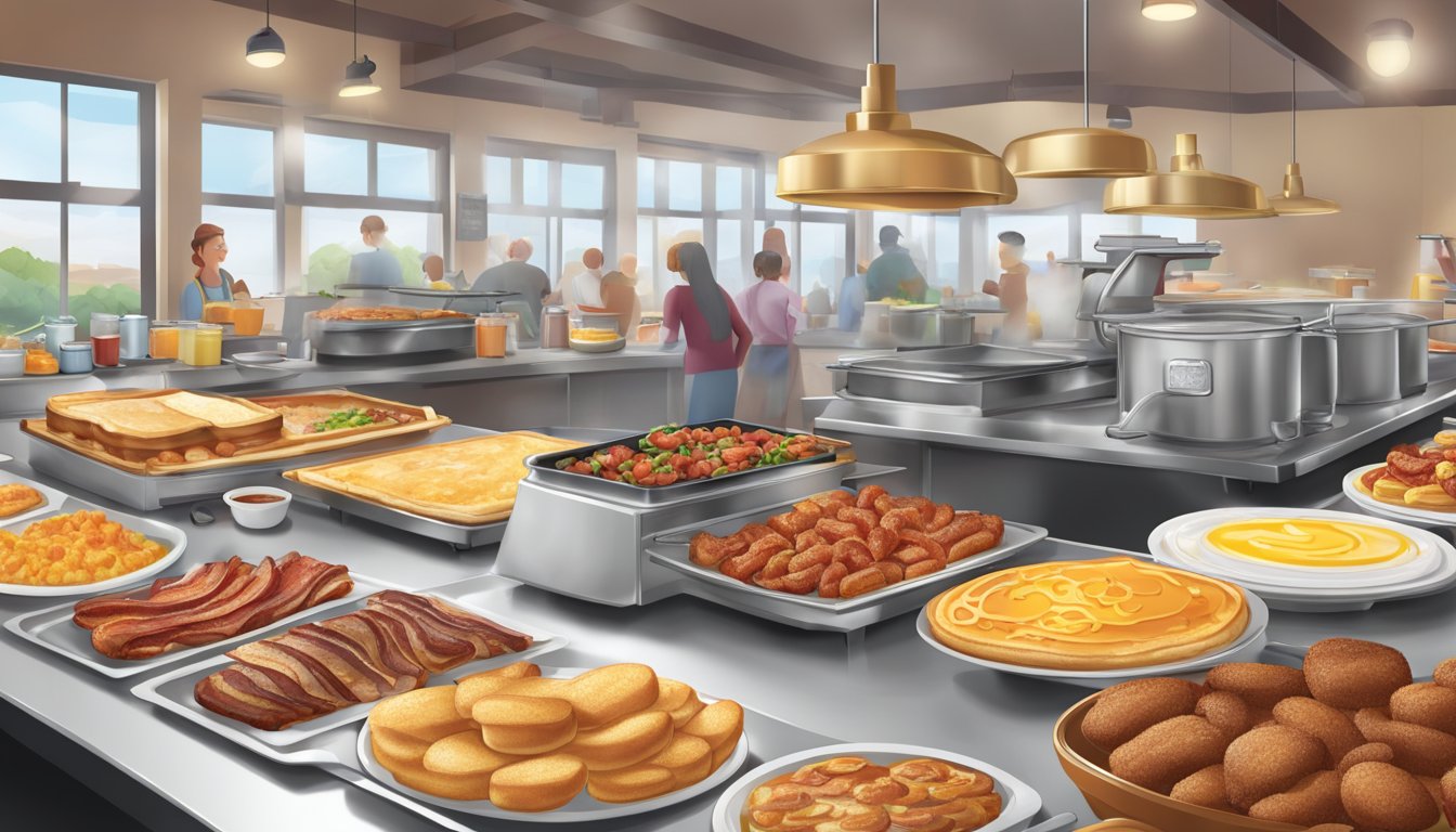 A bustling breakfast buffet at Golden Corral, with a wide array of dishes displayed on a long counter, from fluffy pancakes to sizzling bacon and steaming coffee