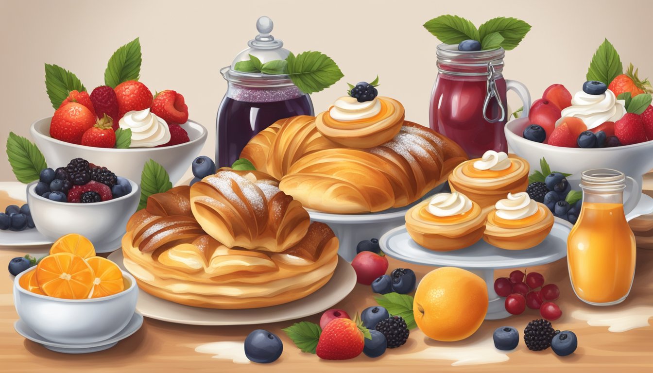 A table filled with an assortment of freshly baked pastries, fruit preserves, and whipped cream. A variety of seasonal fruits and berries are scattered around the display