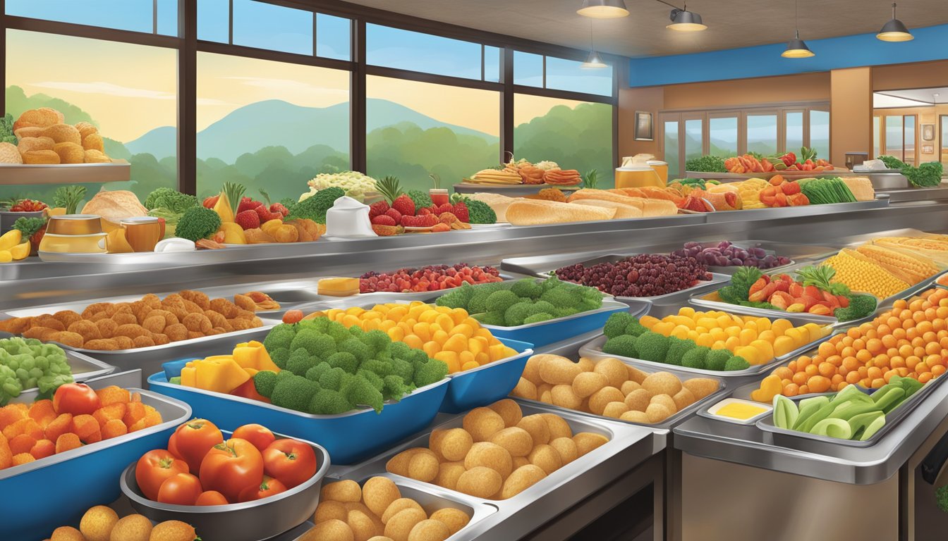 Golden Corral's breakfast buffet features a colorful array of fresh seasonal fruits and vegetables, displayed in abundance and easily accessible to all patrons