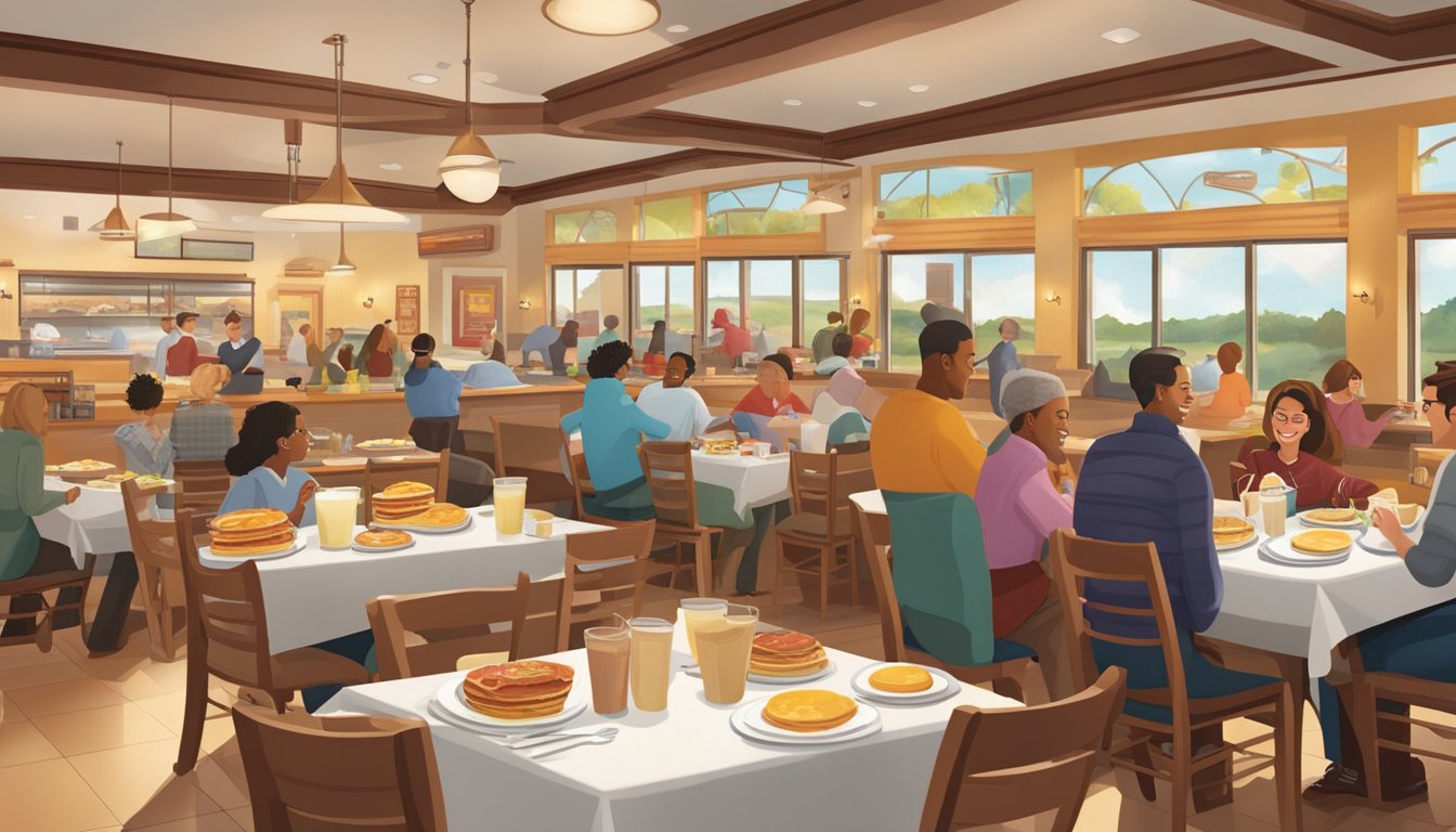 A bustling breakfast buffet at Golden Corral, with steaming trays of eggs, bacon, and pancakes, surrounded by cheerful diners and warm, inviting decor