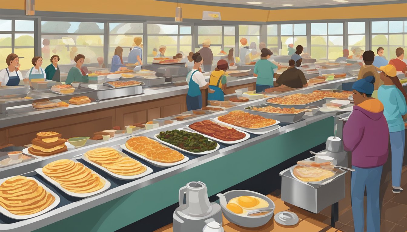 A bustling breakfast buffet at Golden Corral, filled with steaming trays of eggs, bacon, and pancakes. Patrons line up eagerly, filling their plates with a variety of delicious morning fare