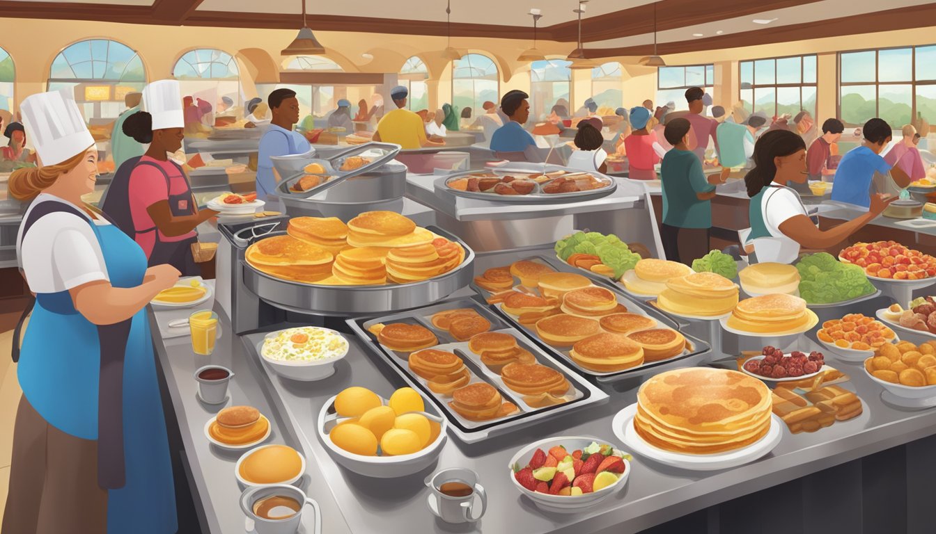 A bustling breakfast buffet at Golden Corral, with steaming trays of pancakes, bacon, and eggs, surrounded by eager diners and a colorful array of fruit and pastries