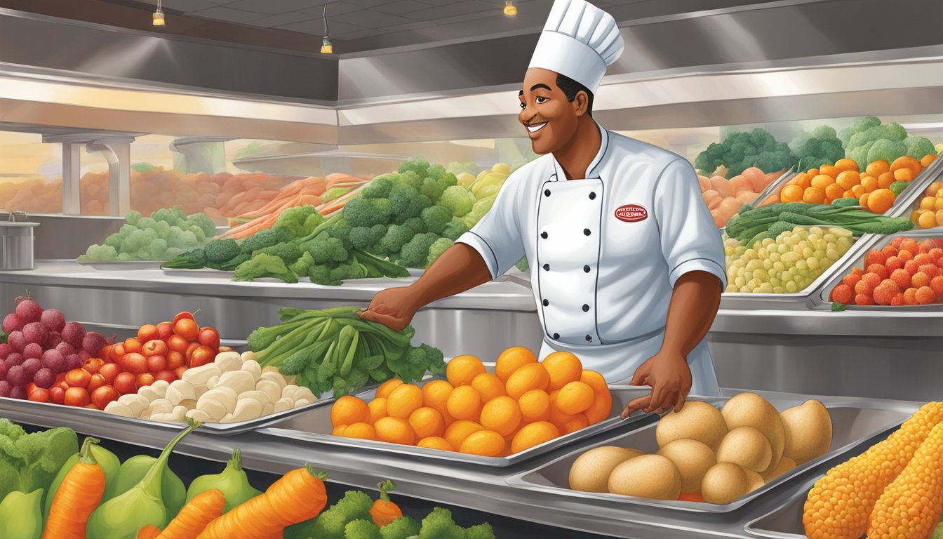 A chef carefully selects vibrant, fresh seasonal produce from a local farm, showcasing the importance of quality ingredients in Golden Corral's breakfast menu