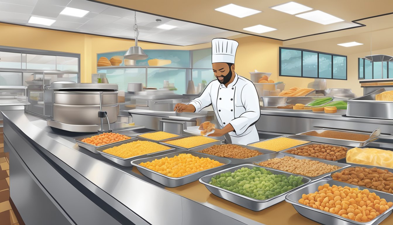 A chef carefully labels and separates gluten-free, dairy-free, and nut-free options on a colorful, well-organized breakfast buffet at Golden Corral