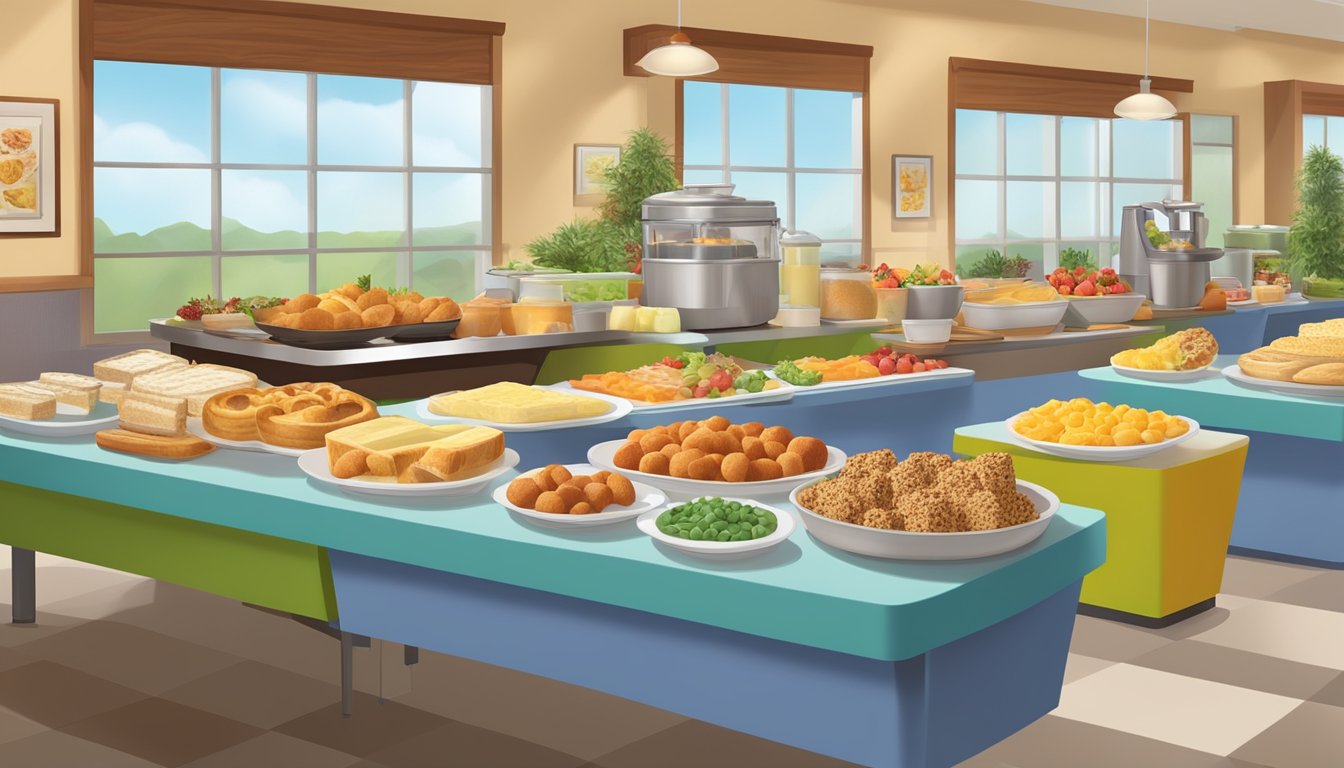 A diverse breakfast buffet with allergy-friendly options, including fresh fruits, gluten-free bread, and dairy-free alternatives, displayed in a bright and inviting setting at Golden Corral