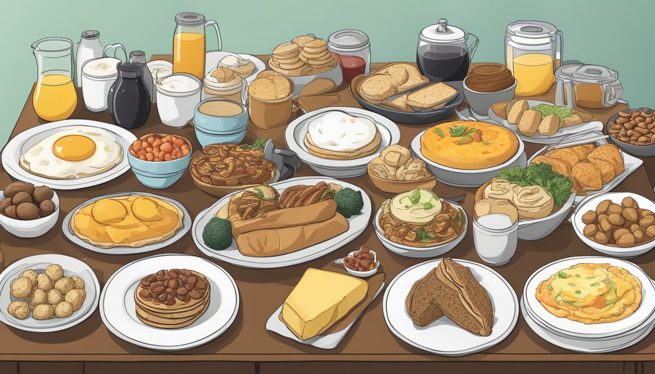 A variety of breakfast foods displayed on a long buffet table, with labels indicating options for those with food allergies