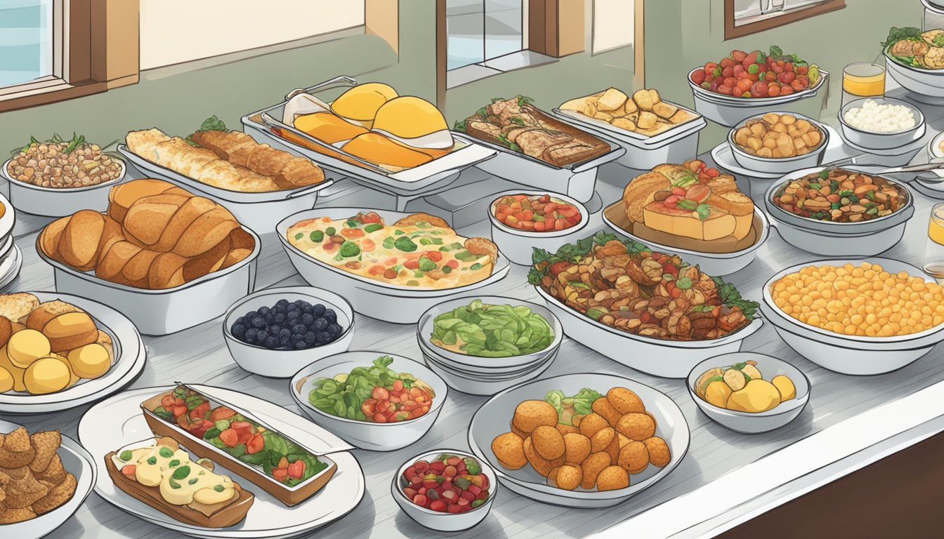 A bustling breakfast buffet with a wide array of dishes, including allergy-friendly options clearly labeled for easy identification