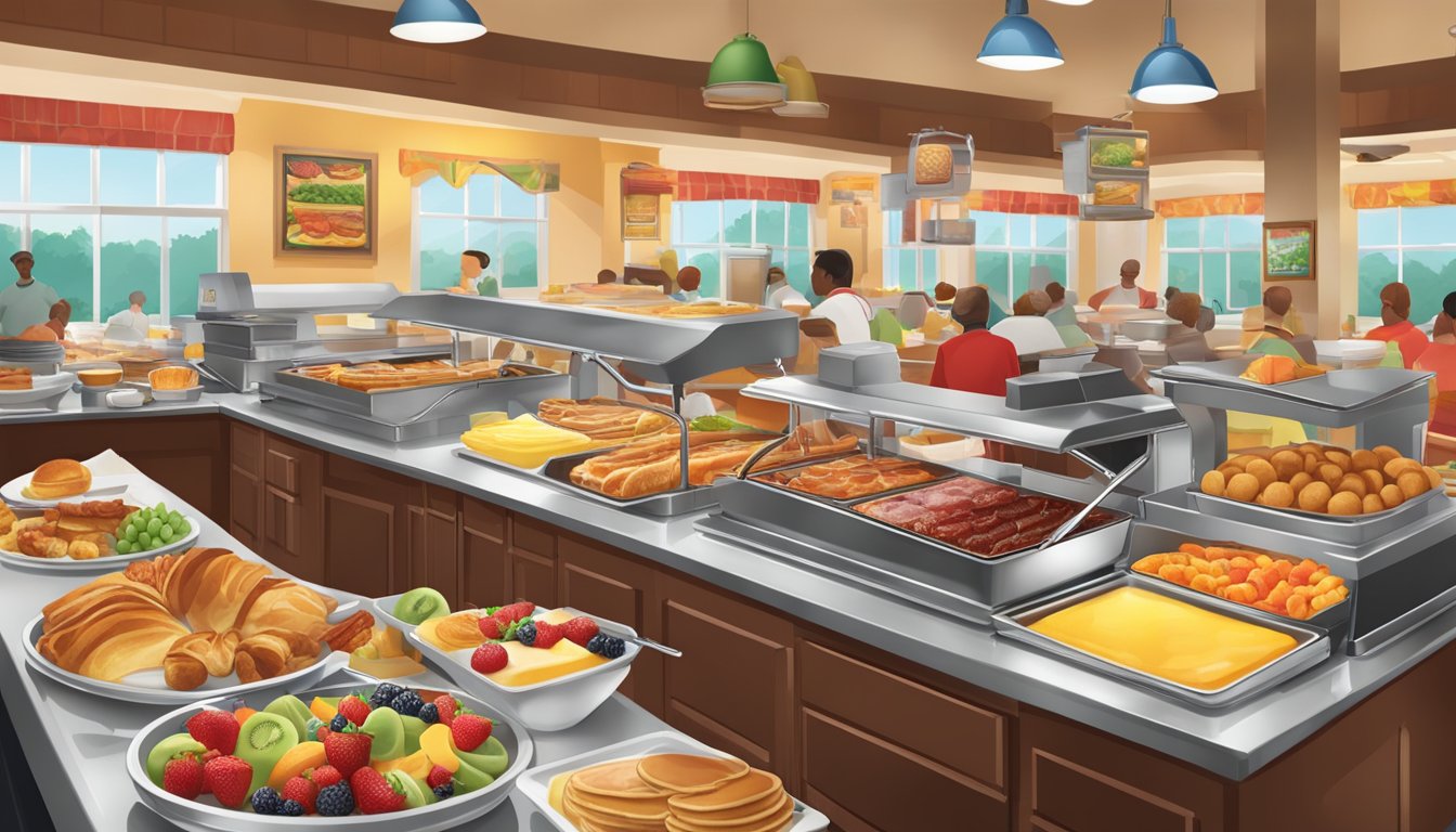 A bustling breakfast buffet at Golden Corral, with steaming trays of pancakes, sizzling bacon, and an array of colorful fruits and pastries