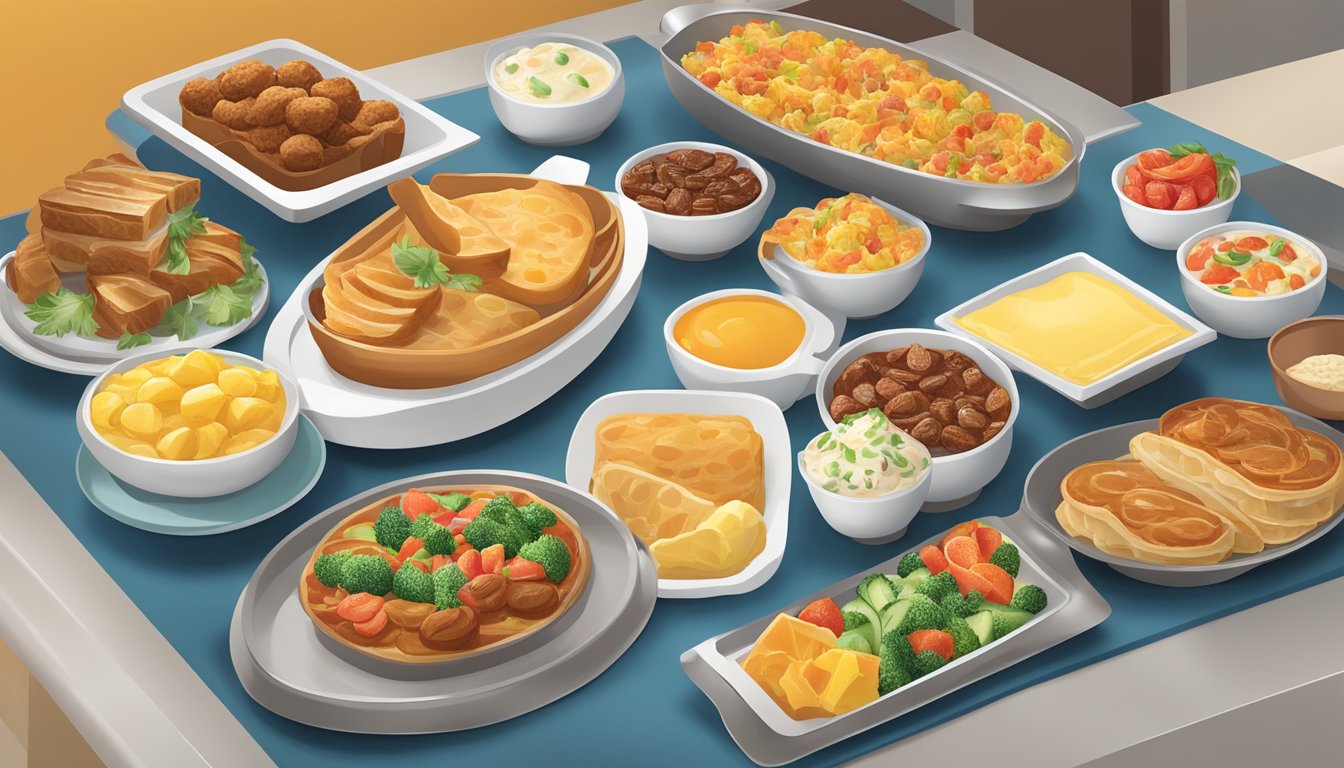 A colorful buffet spread with elaborate breakfast dishes arranged on a sleek, modern serving station at Golden Corral