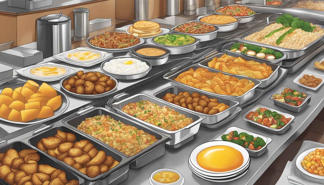 A bustling breakfast buffet at Golden Corral, with an array of dishes from different cuisines, steaming and ready to be served