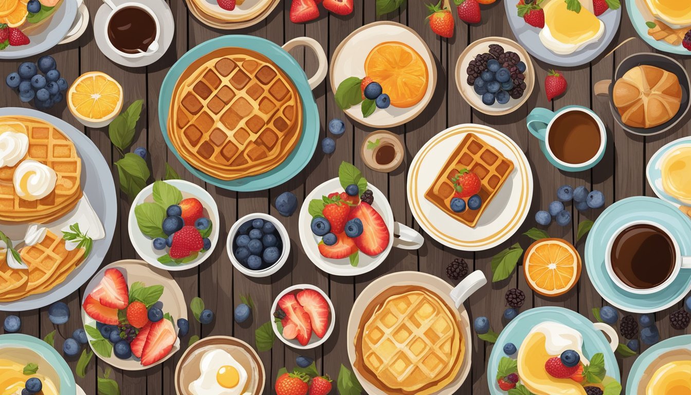 A colorful array of breakfast dishes, including pancakes, waffles, fruit, and pastries, arranged on a rustic wooden table with fresh flowers and a steaming cup of coffee