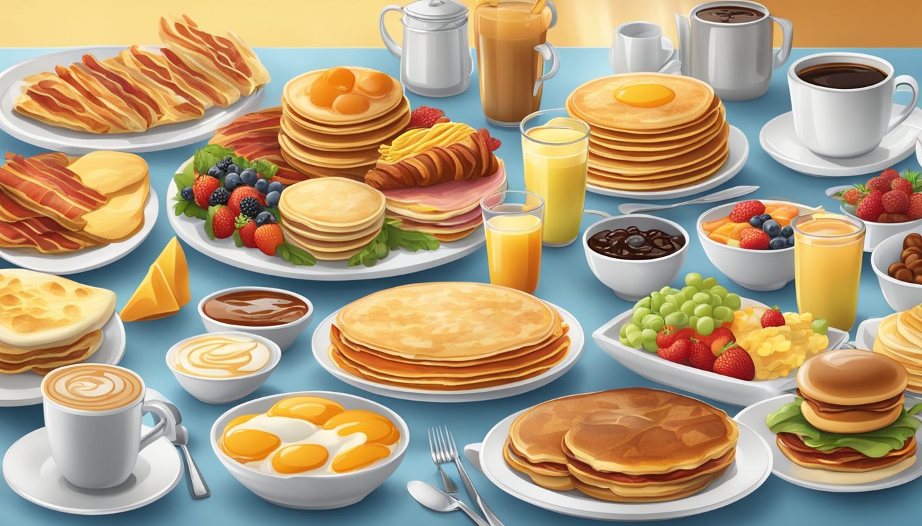 A bustling breakfast buffet filled with a colorful array of dishes, from sizzling bacon and fluffy pancakes to fresh fruit and steaming coffee