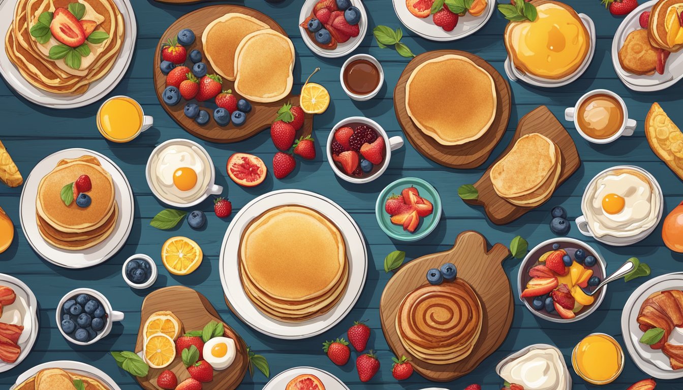 A colorful array of breakfast dishes arranged on a rustic wooden table, with vibrant fruits, fluffy pancakes, and sizzling bacon, all ready to be photographed for social media