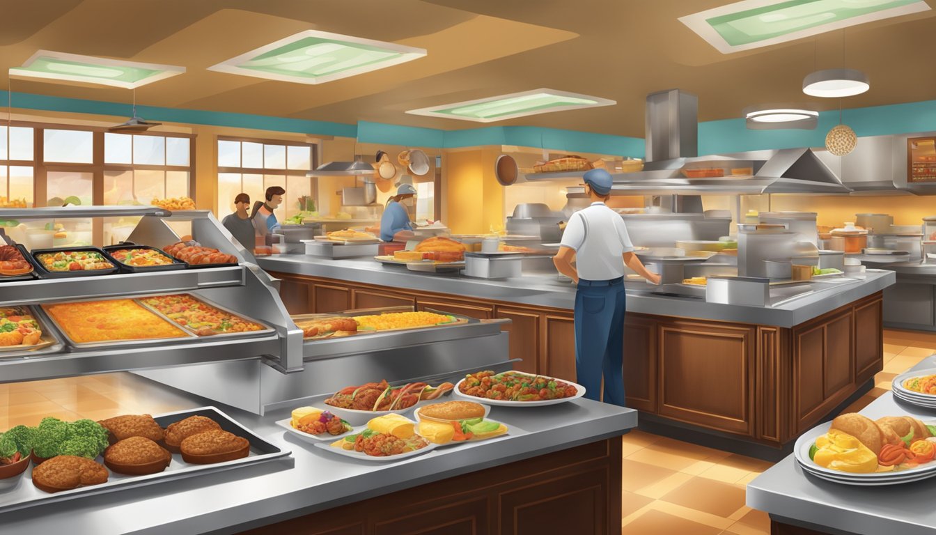 A bustling breakfast buffet at Golden Corral, with a colorful array of dishes and steaming trays of food, set against a backdrop of the restaurant's warm and inviting interior