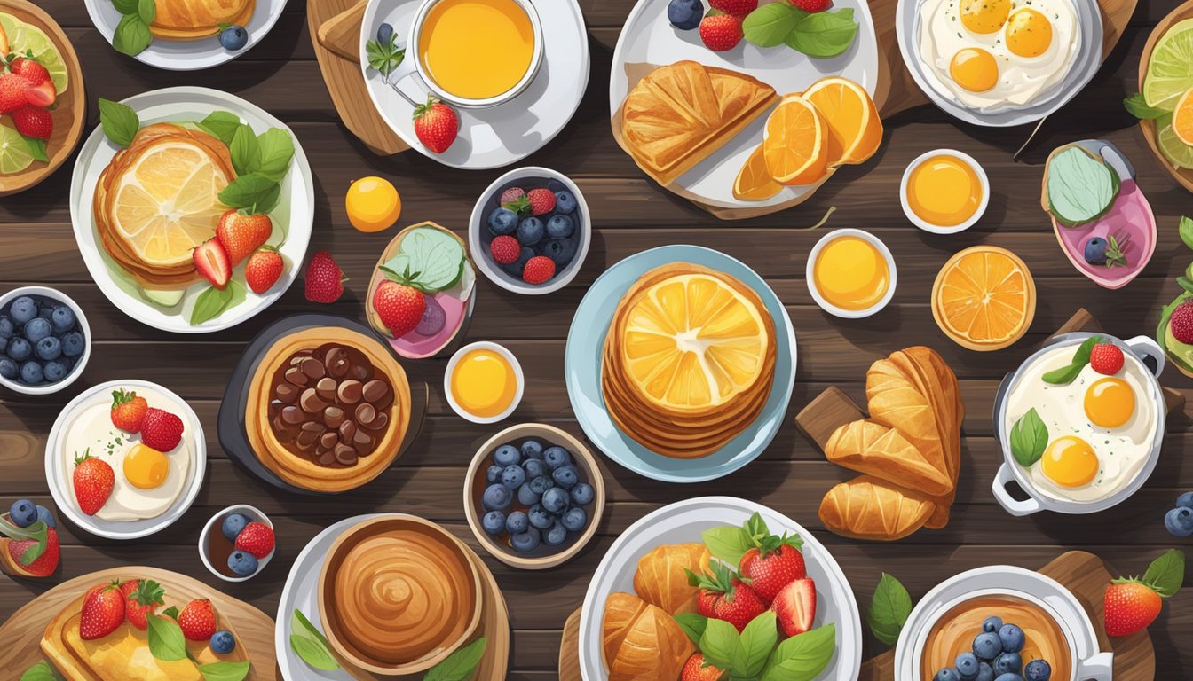 A colorful spread of gourmet breakfast dishes arranged on a rustic wooden table, with vibrant fruits, pastries, and artistic plating