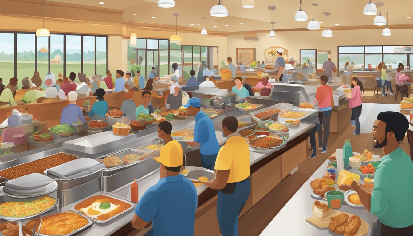 A bustling breakfast buffet at Golden Corral, featuring a wide array of dishes and a diverse crowd of diners enjoying the morning feast