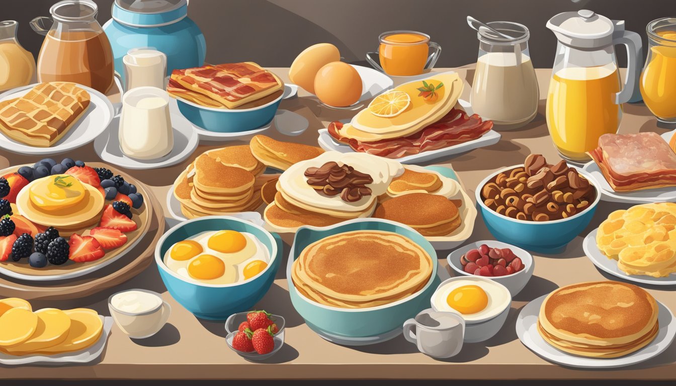 A vibrant array of breakfast foods spread across a buffet table, including pancakes, eggs, bacon, fruit, and pastries. A sign displays nutritional information