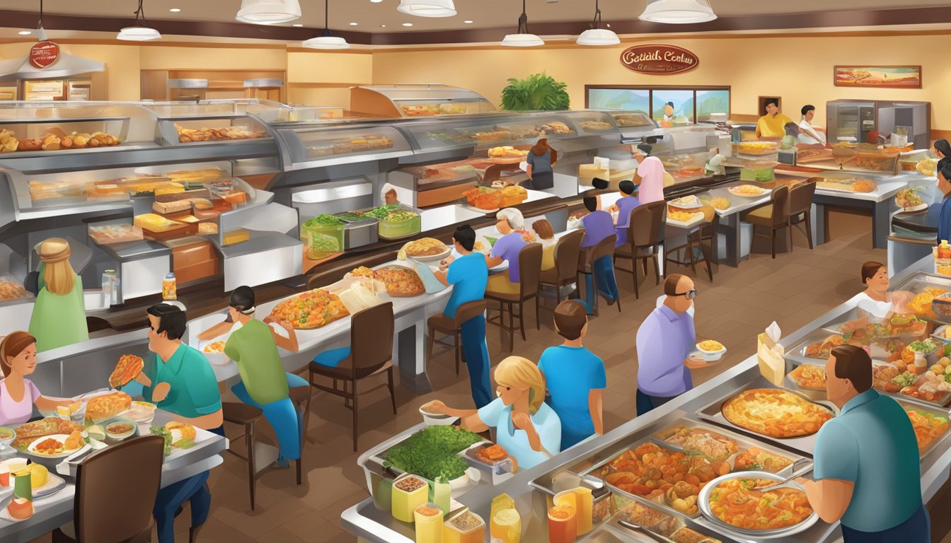 A bustling Golden Corral breakfast buffet with a variety of dishes and patrons enjoying their meals