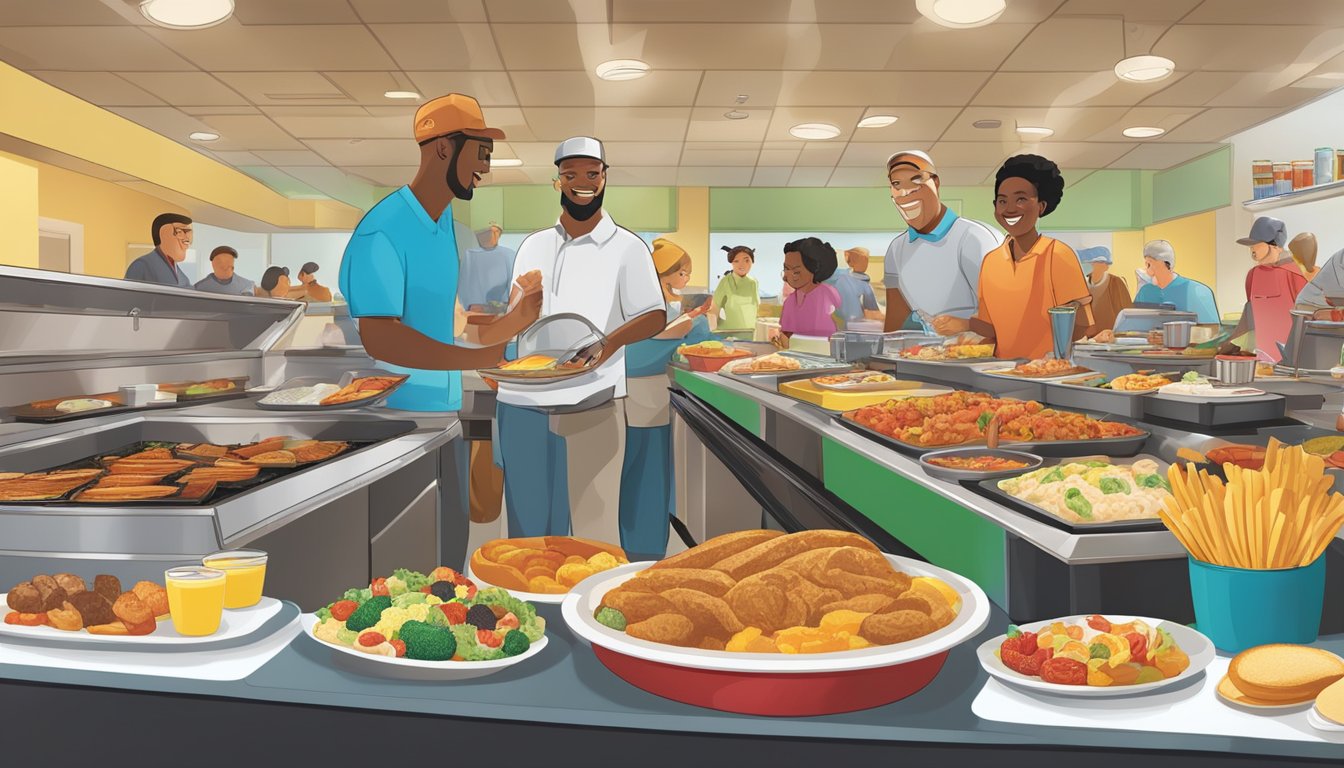 A bustling breakfast buffet at Golden Corral, with a colorful array of dishes and a diverse mix of customers enjoying their meals