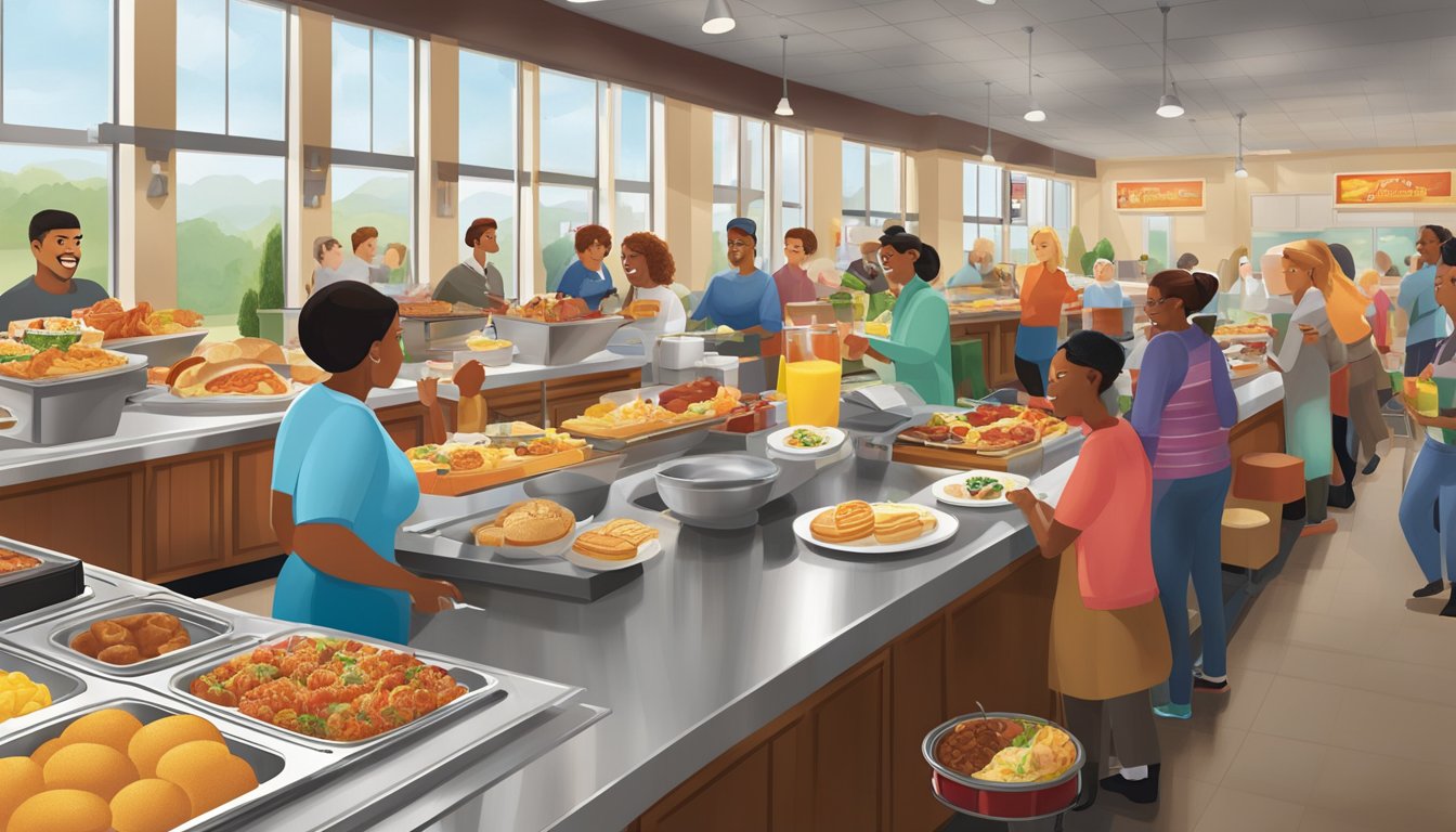 A bustling breakfast buffet at Golden Corral, featuring an array of modern and traditional breakfast items, with customers enjoying a variety of dishes