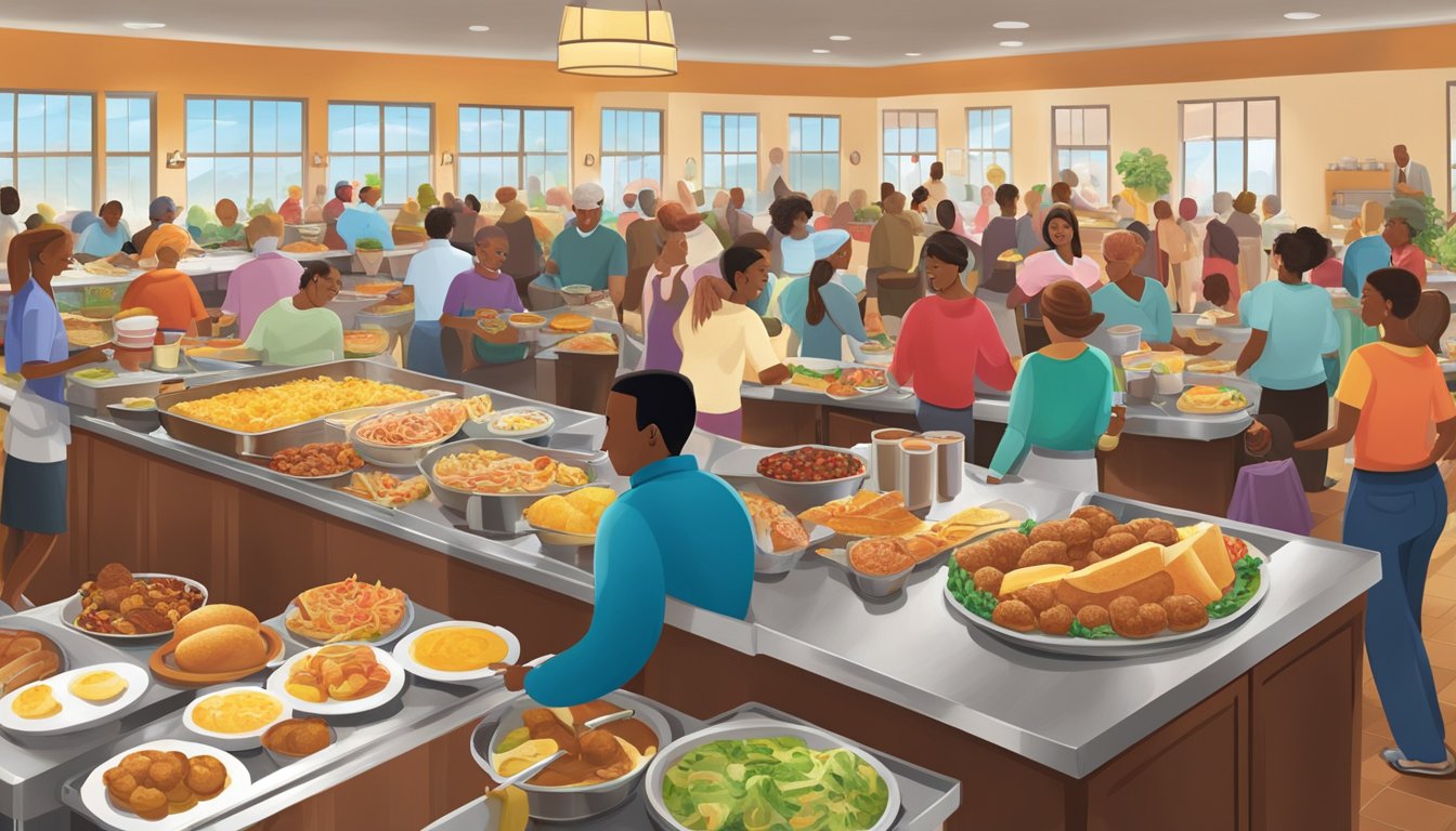 A bustling breakfast buffet at Golden Corral, with a diverse array of dishes and families enjoying a hearty meal together