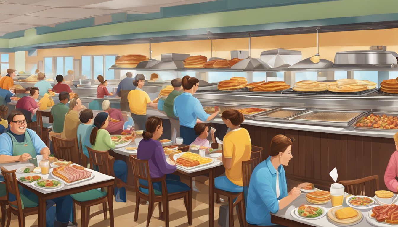 A bustling Golden Corral breakfast buffet, with steaming trays of eggs, bacon, and pancakes, surrounded by eager diners