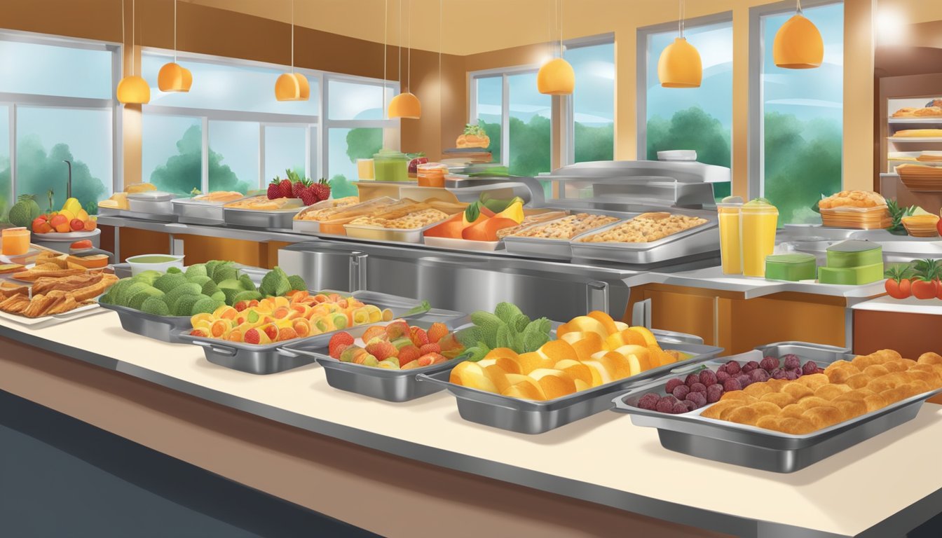 A bustling breakfast buffet at Golden Corral, with a colorful array of fresh fruits, steaming hot dishes, and a variety of baked goods on display