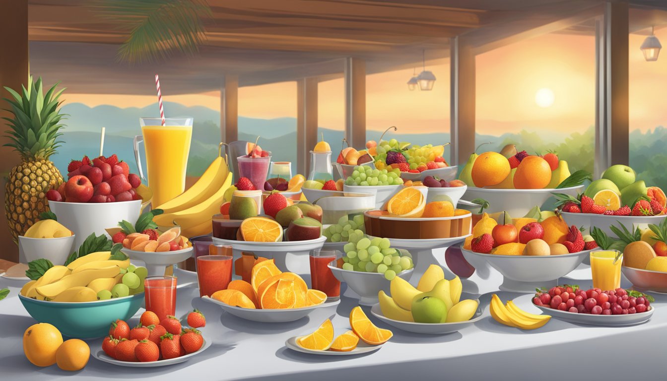 A colorful array of fresh fruits, steaming hot breakfast items, and a variety of beverages spread out on a long buffet table