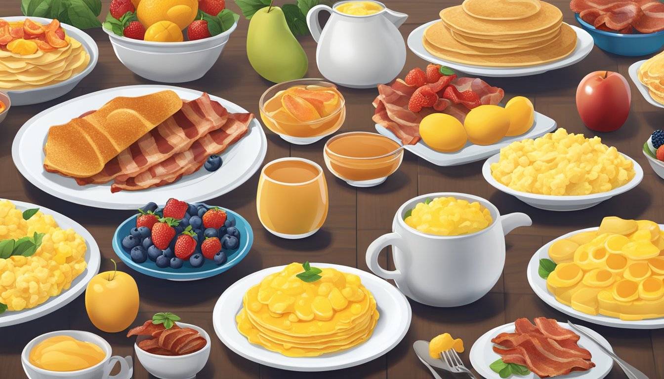 A colorful array of fresh fruits, steaming pancakes, crispy bacon, and fluffy scrambled eggs displayed on gleaming serving dishes at Golden Corral's breakfast buffet