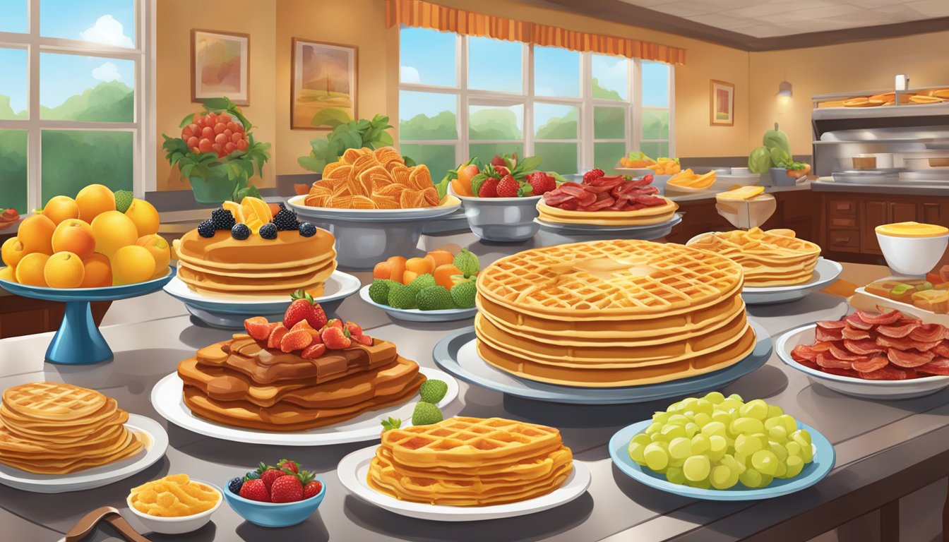 A colorful array of fresh fruits, steaming pancakes, crispy bacon, and golden waffles arranged on a gleaming buffet table at Golden Corral