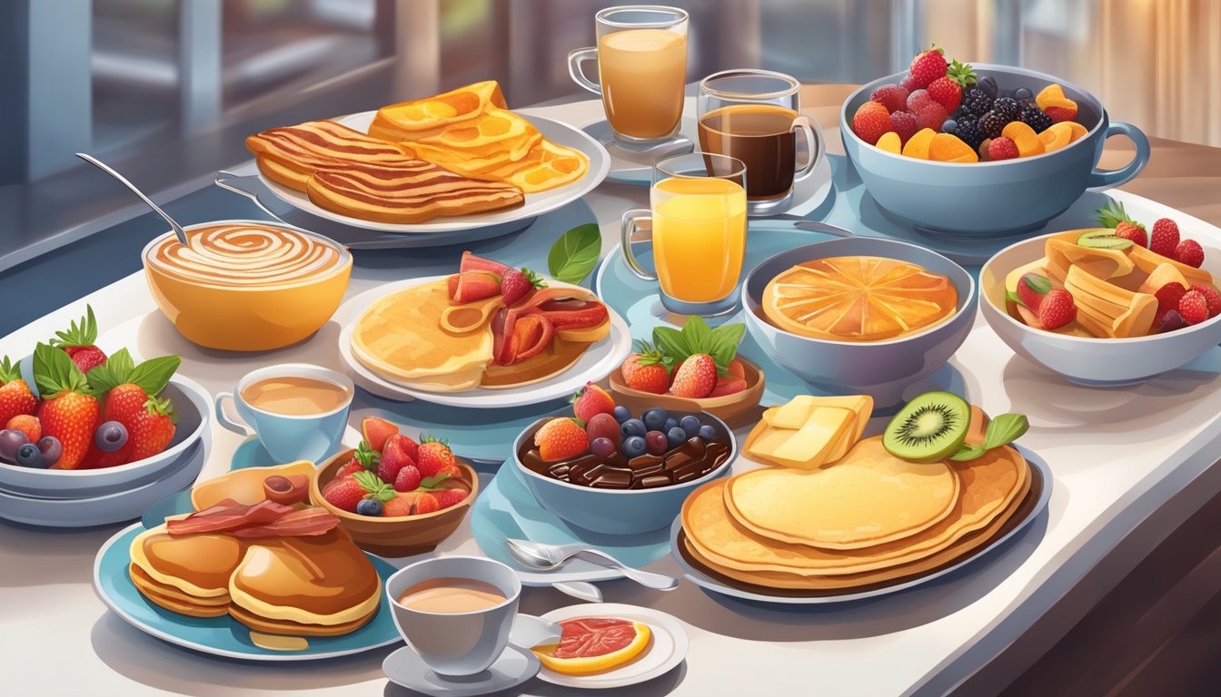 A vibrant breakfast buffet spread with a variety of fresh fruits, fluffy pancakes, sizzling bacon, and steaming coffee, creating an inviting and appetizing display