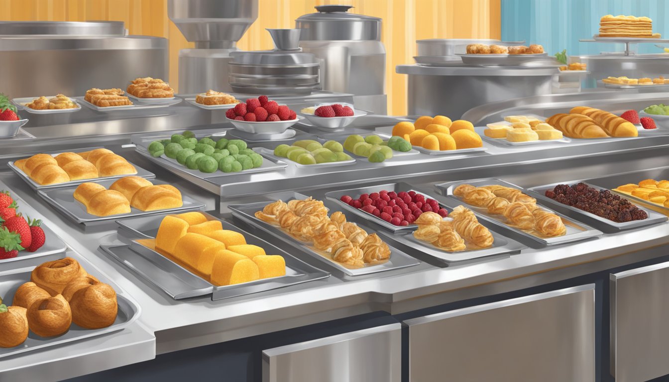 Golden Corral's breakfast buffet: steam rising from chafing dishes, fresh fruit arranged in colorful patterns, and trays of golden-brown pastries lined up on the counter