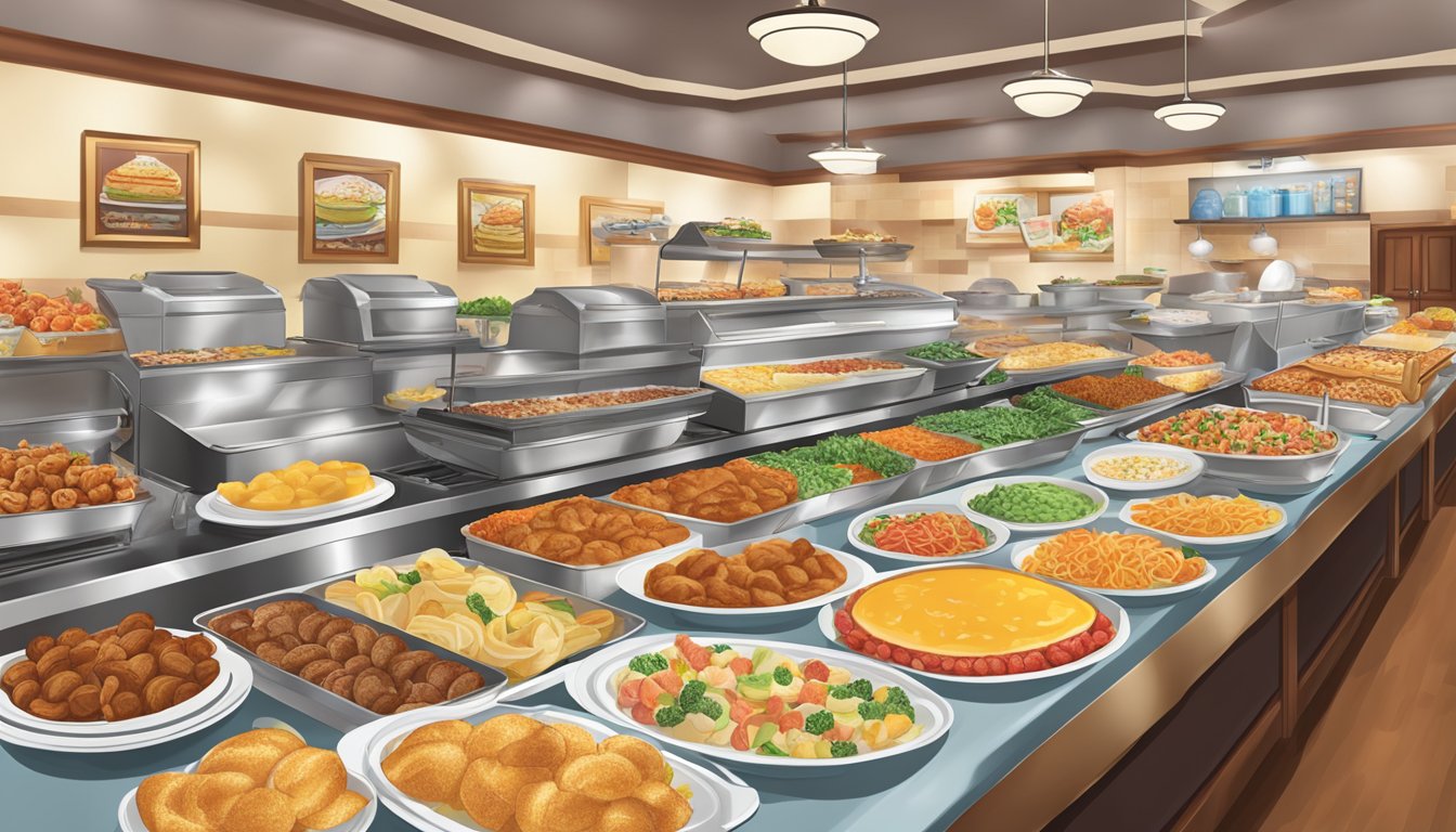 A lavish breakfast buffet at Golden Corral, with an array of beautifully arranged dishes and a sign indicating pricing and discounts