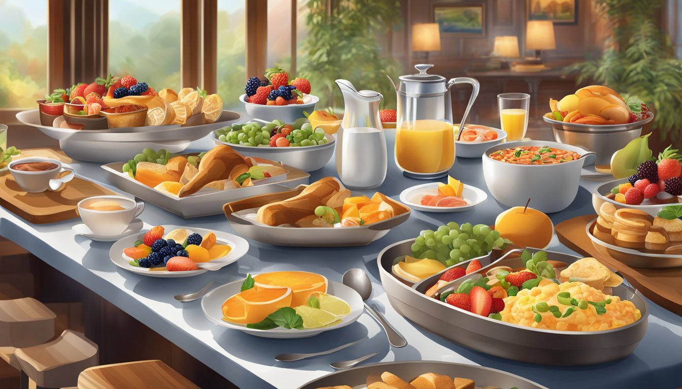 A bustling breakfast buffet with a wide array of hot and cold dishes, colorful fruits, and steaming beverages, all set against a backdrop of warm, inviting decor