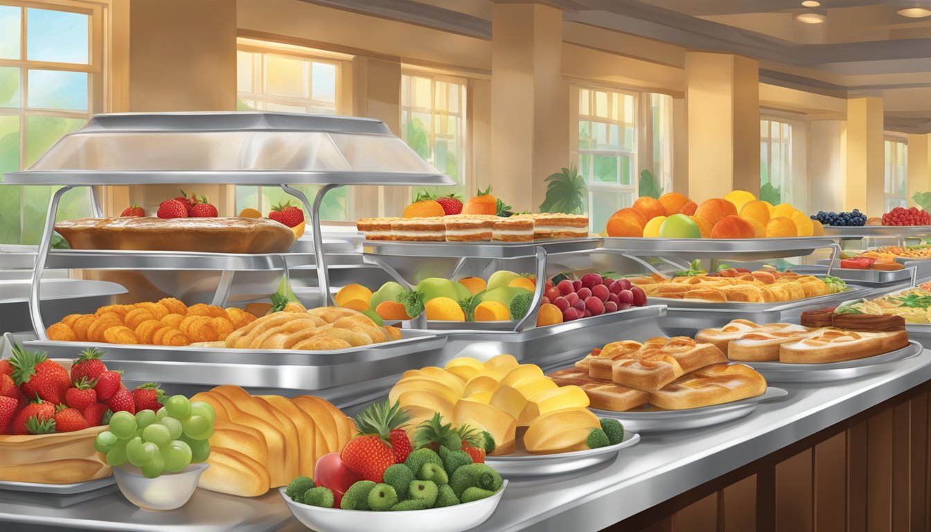 Golden Corral's breakfast buffet: a colorful array of fresh fruits, pastries, and hot dishes displayed on gleaming serving platters and in elegant chafing dishes