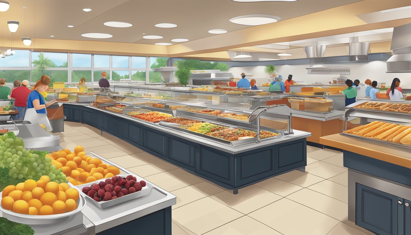 A bustling breakfast buffet at Golden Corral, featuring a wide array of fresh fruits, pastries, eggs, and other breakfast favorites. The spread showcases the restaurant's commitment to providing diverse and high-quality options for diners