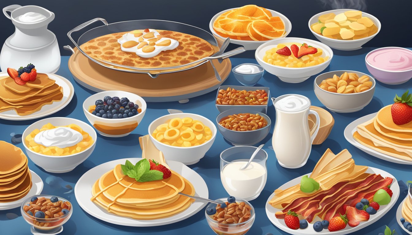 A buffet spread with steaming hot pancakes, sizzling bacon, and a variety of fresh fruit, alongside a selection of cold cereals and yogurt parfaits