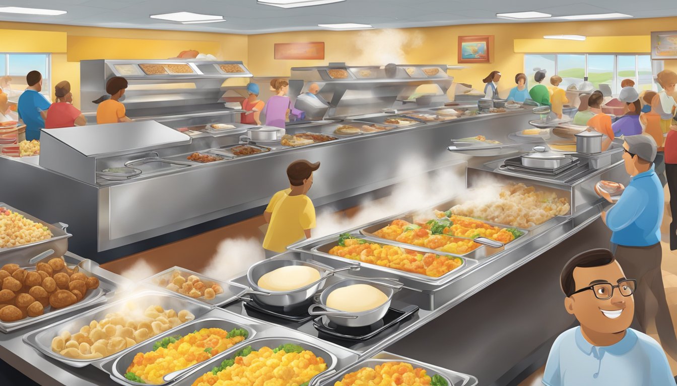 A bustling breakfast buffet at Golden Corral, with steam rising from the chafing dishes filled with fluffy scrambled eggs