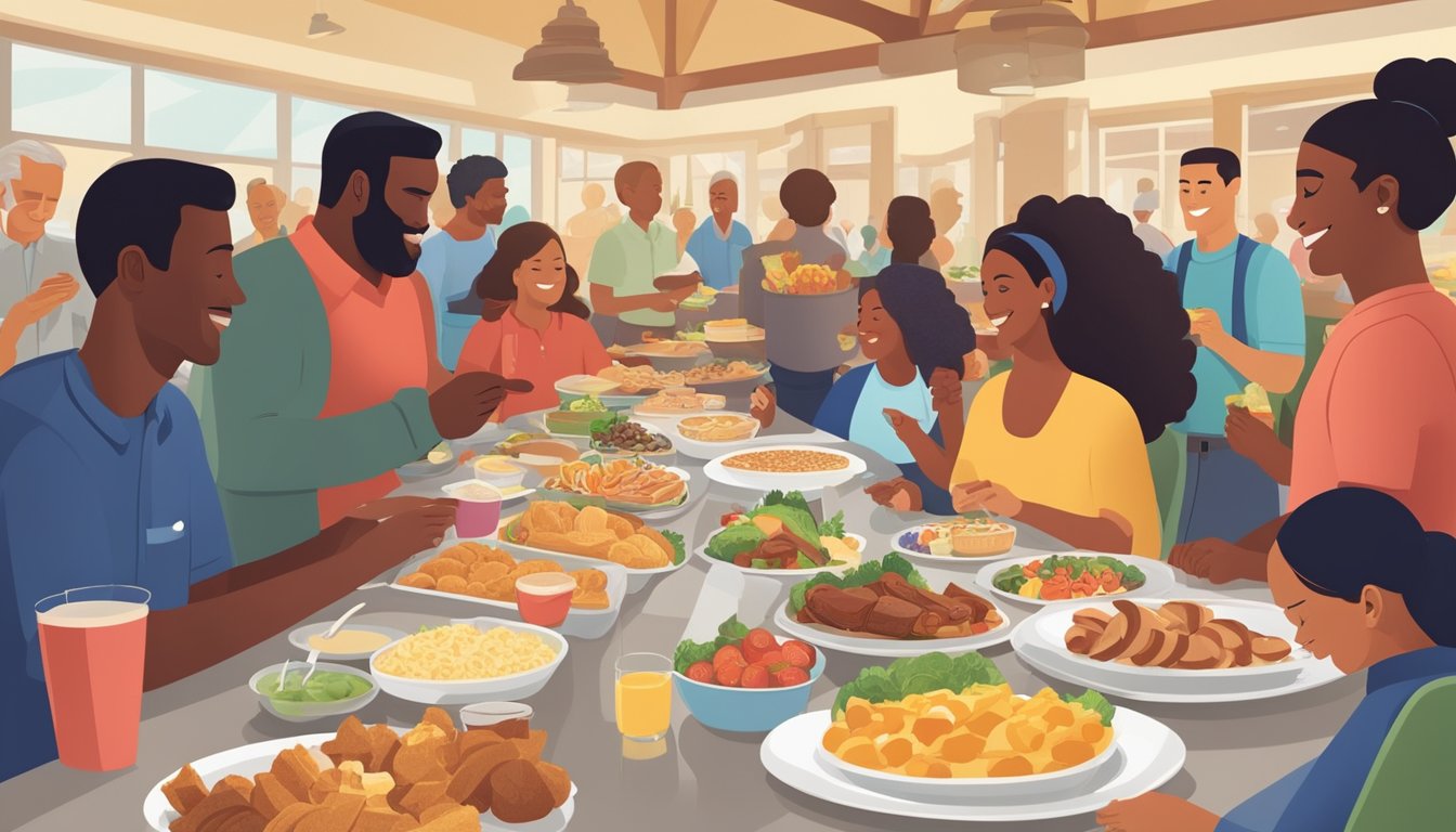 A diverse group of people enjoying a buffet-style breakfast at Golden Corral, with a focus on a variety of healthy and nutritious food options for different age groups