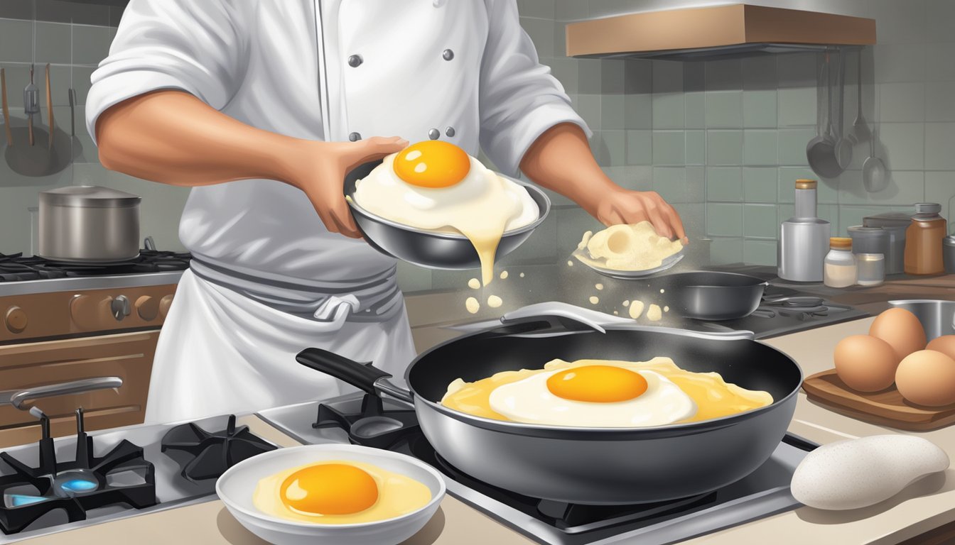 A chef mixing eggs and secret ingredients in a bowl, with a skillet on a stove ready to cook