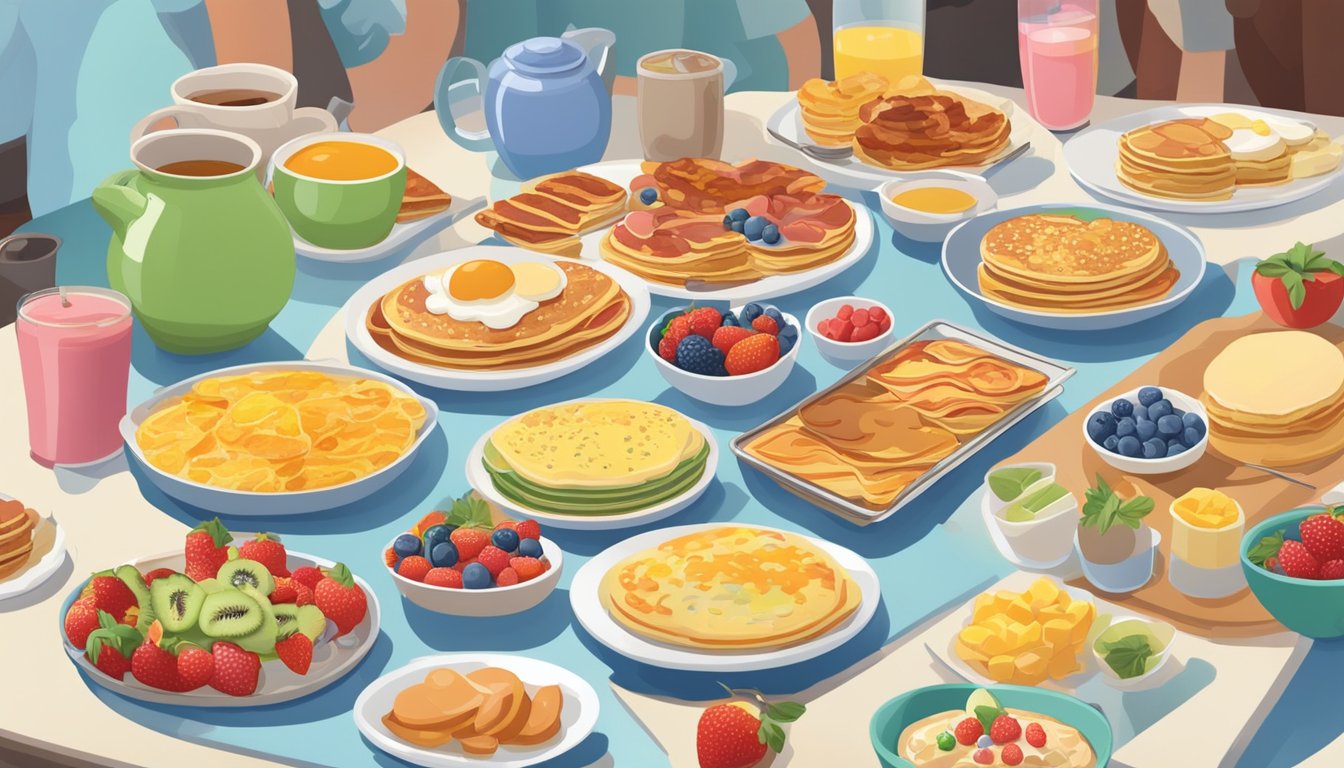 A bustling breakfast buffet with colorful pancakes, fresh fruit, and cereal for kids, while adults enjoy omelets, bacon, and pastries