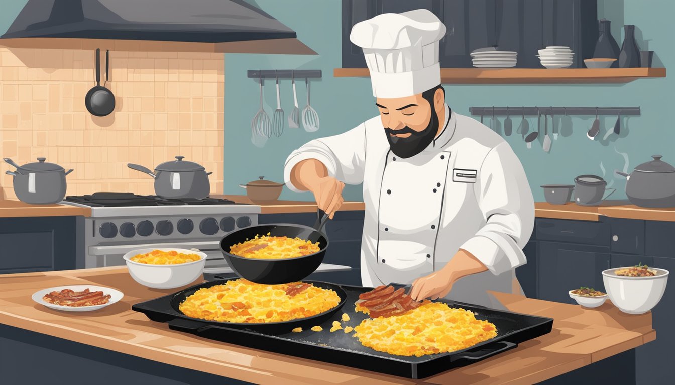 A chef expertly cracks eggs into a sizzling pan, adding a secret mix of seasonings before scrambling them to perfection. The aroma of freshly cooked eggs fills the air as they are plated alongside crispy bacon and golden hash browns