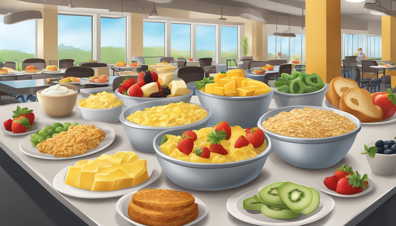 Golden Corral breakfast buffet with a variety of healthy and trendy options, including fresh fruit, yogurt, oatmeal, and custom-made omelets