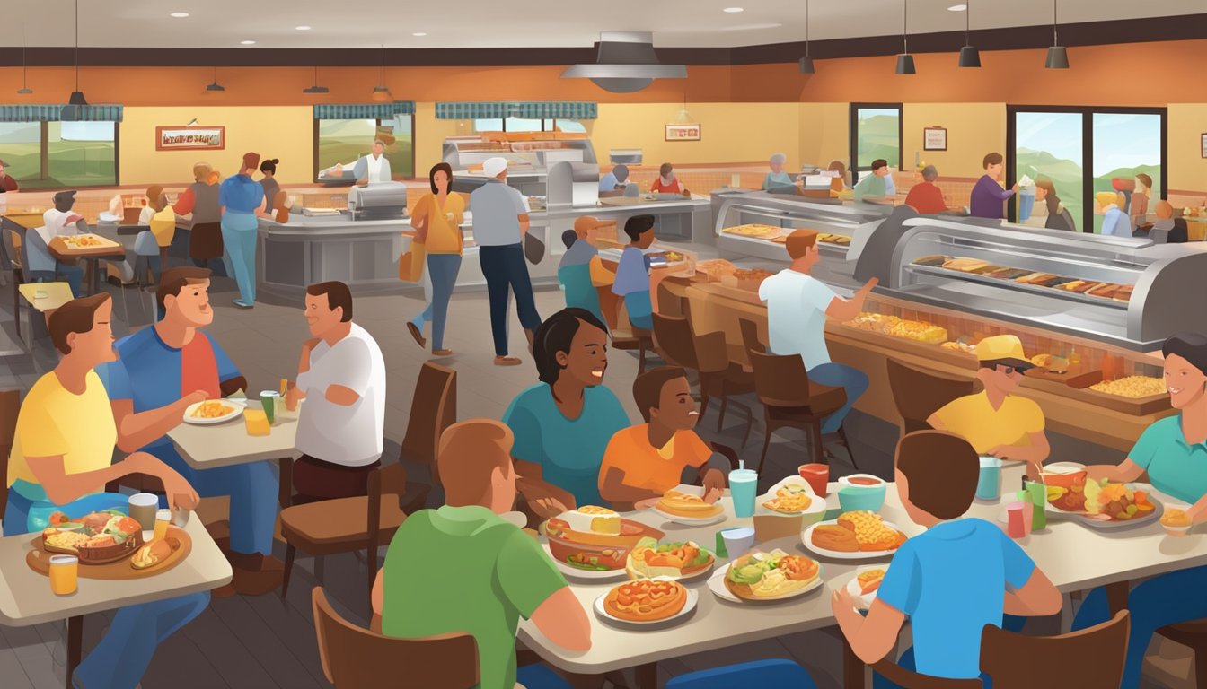 A bustling Golden Corral restaurant with patrons of various ages enjoying a wide array of breakfast, lunch, and dinner options