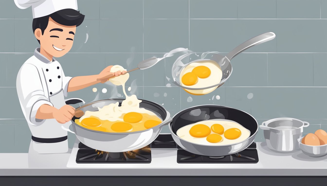 The chef pours a mixture of beaten eggs and milk into a sizzling pan, stirring constantly until the eggs are fluffy and fully cooked